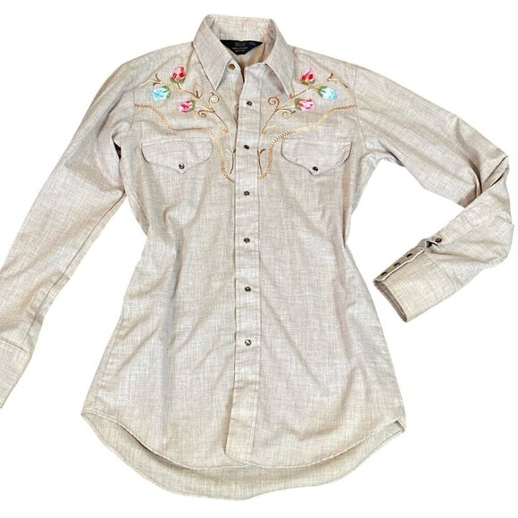 VTG Sears Western Shirt Pearl Snap Flower Chainstitch 70s Cowboy Rodeo S #204B - Picture 1 of 7